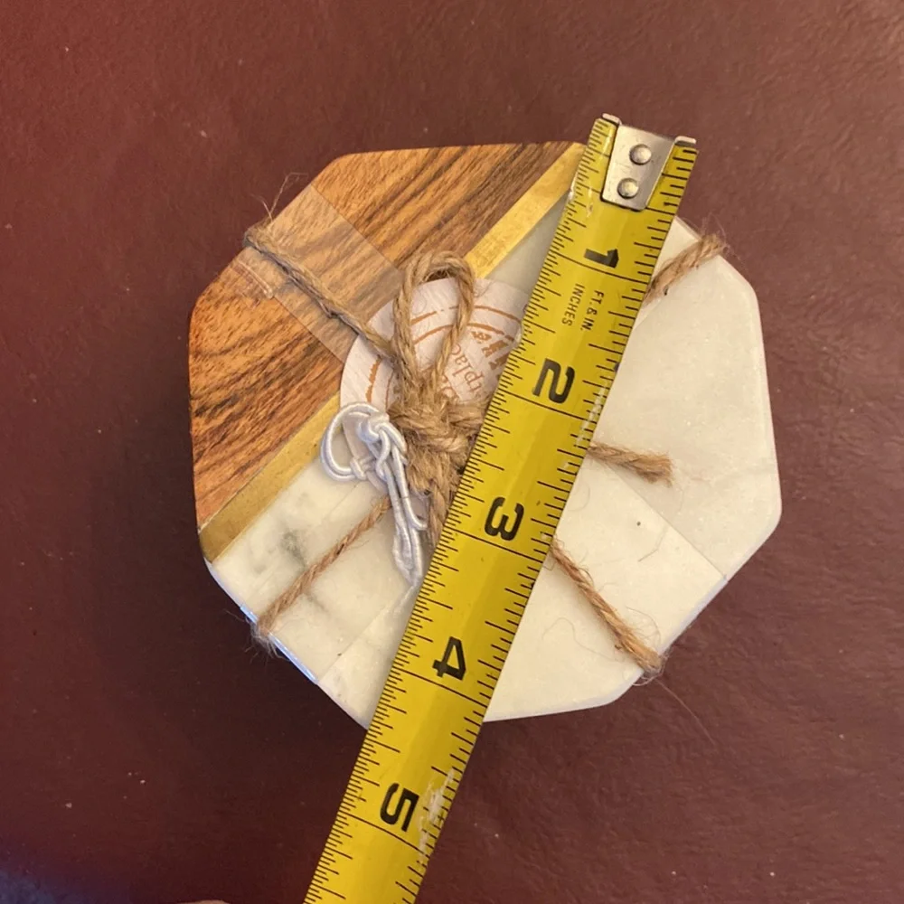 NWT - Gorgeous Octagon Coasters - marble & wood w/ metal accent